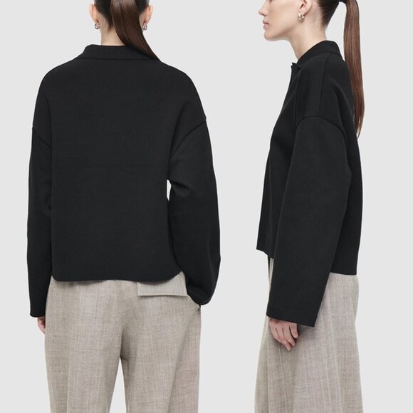 COS Jersey Rugby Shirt Top XS Black Collar V Neck Wide Long Sleeves Minimalist - Picture 3 of 16